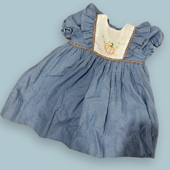 EUC Petit Ami Blue & White Check Dress with Pumpkin Embroidery Plate - Picture 2 of 2